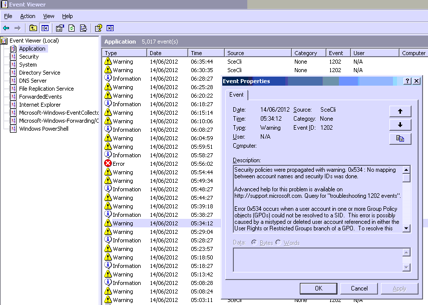 event account 1202 windows server 2008
